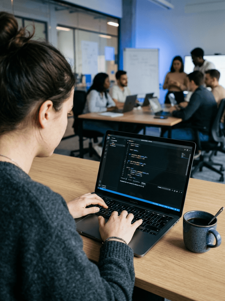 Students coding on laptops in workshop