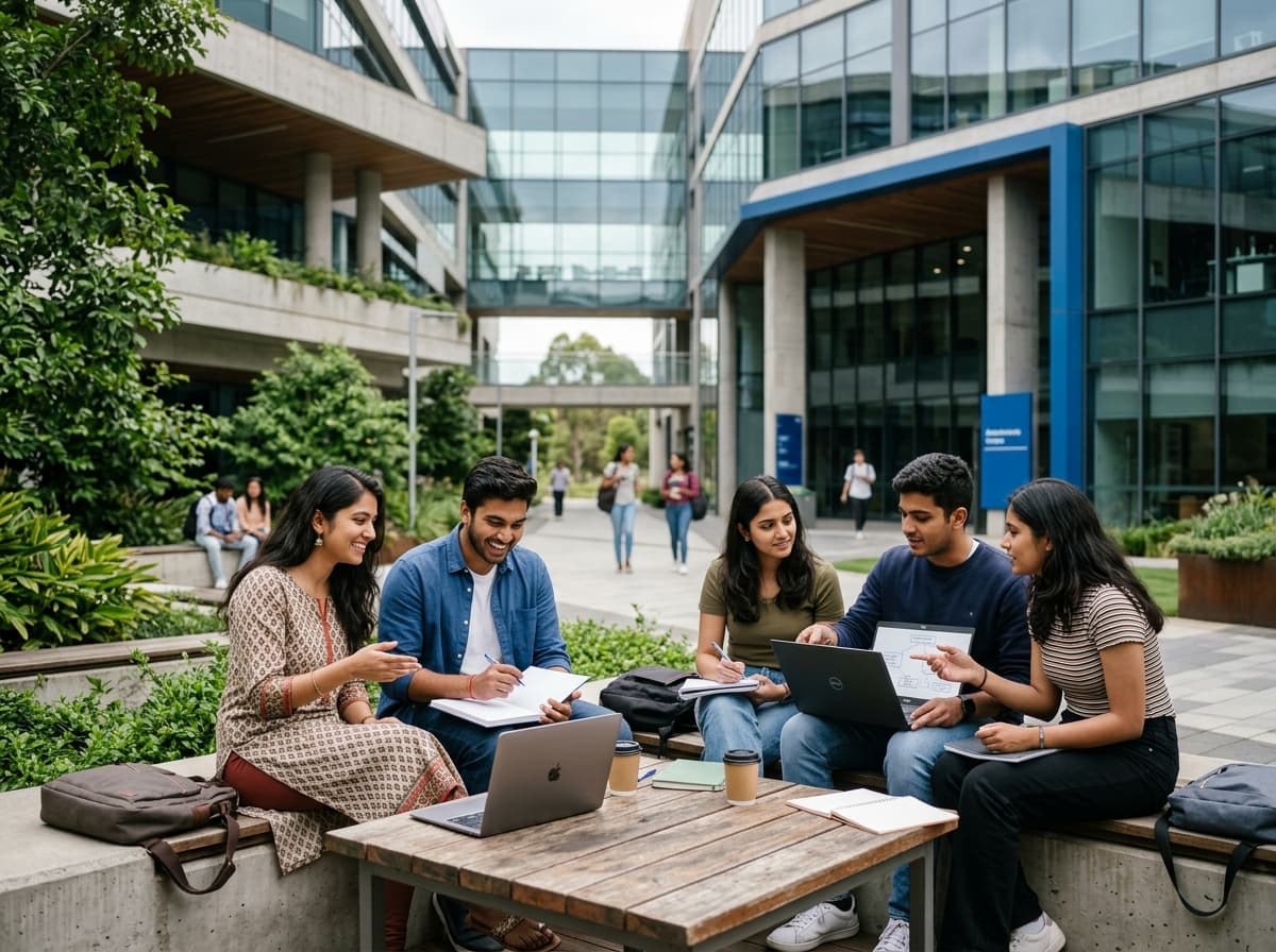 Diverse Indian students and builders collaborating in modern learning environment
