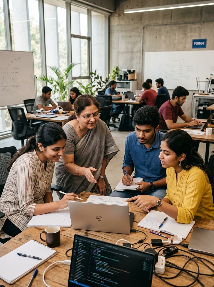 Indian technology mentor guiding students around a workstation in innovation lab