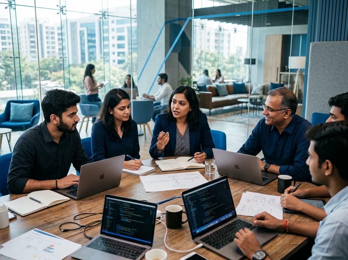 Team of young Indian builders working with industry professional on challenge