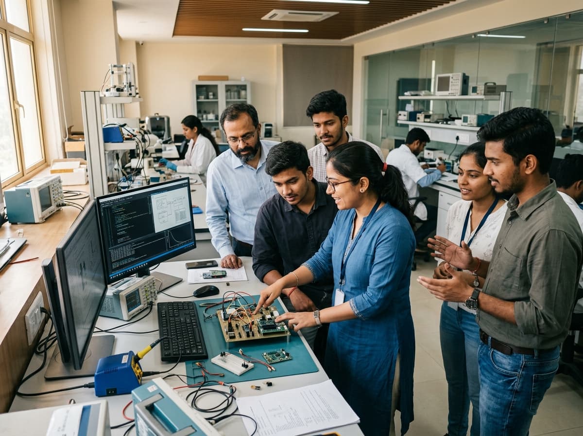 Young researchers and builders experimenting in modern innovation laboratory