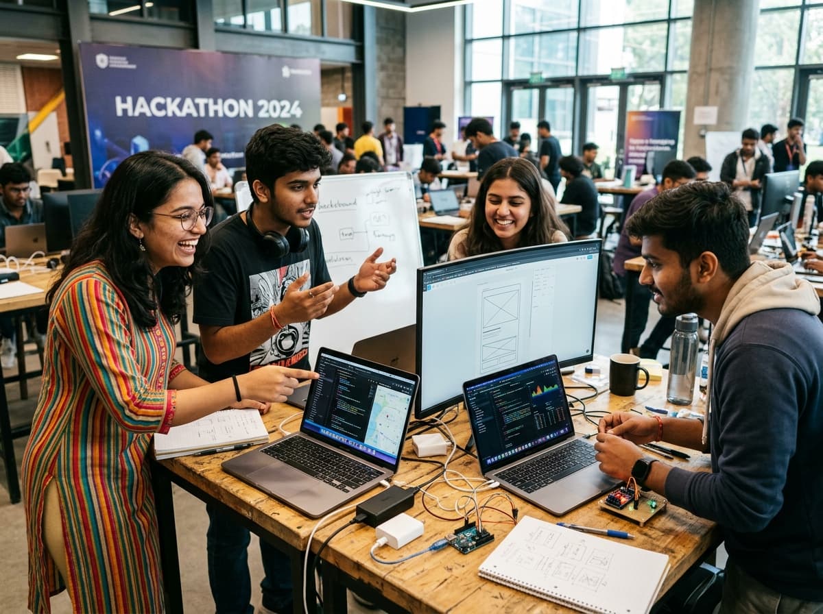 University students building and collaborating during technology hackathon